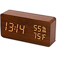 Digital Alarm Clock, LED Adjustable Brightness Voice Control Desk Wooden Alarm Clock with Day/Date/Temperature and Humidity USB/Battery Powered for School Home Office Kids