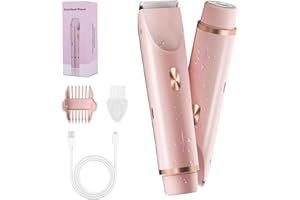 FIONOFY 2-in-1 Bikini Trimmer for Women, Bikini Shaver with Dual Heads, Body and Facial Hair Removal, Rechargeable Cordless Electric Razors for Face Chin Pubic Underarm Legs, IPX7 Waterproof, Pink