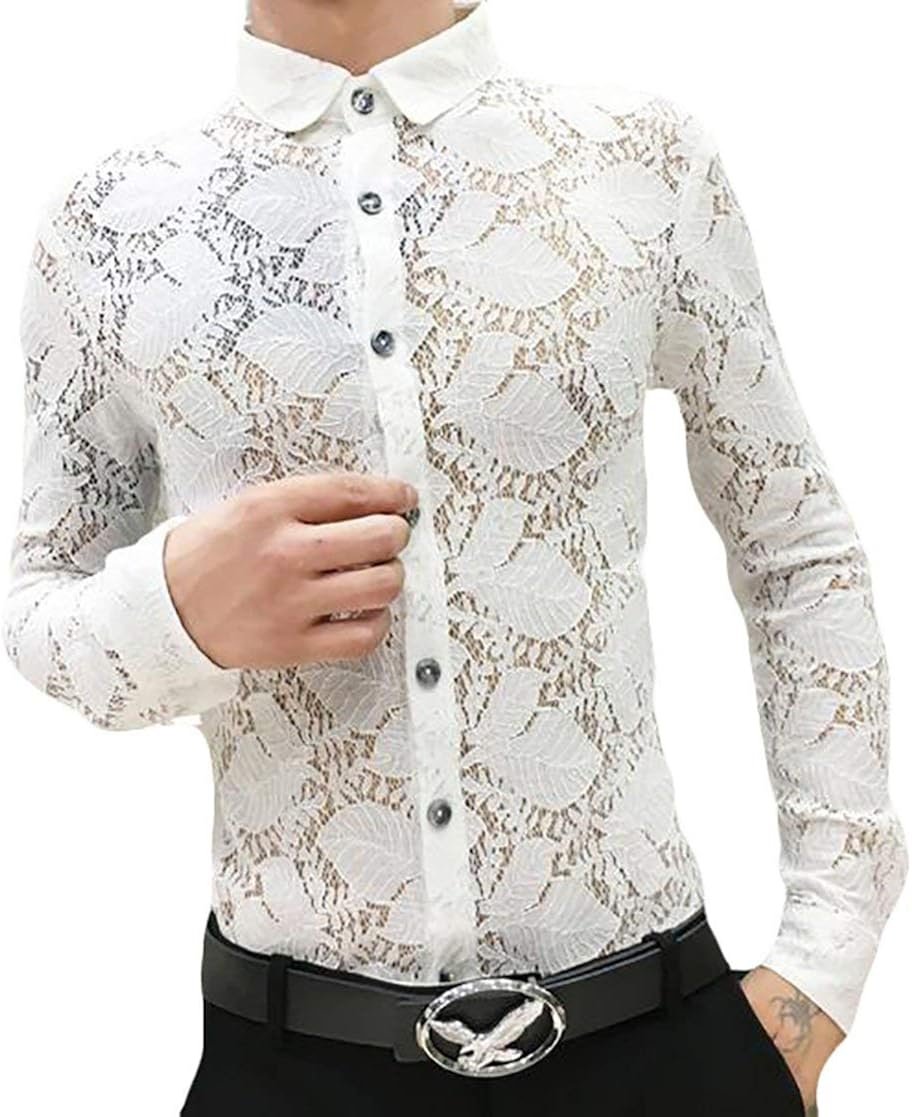Shirts Alion Men Sheer Floral Lace See 