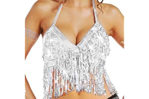 GEMILY Sequin Tassel Bra Top Sparkle Fringe Belly Dance Crop Tops Mardi Gras Halter Bikini Tops Rave Costume for Women