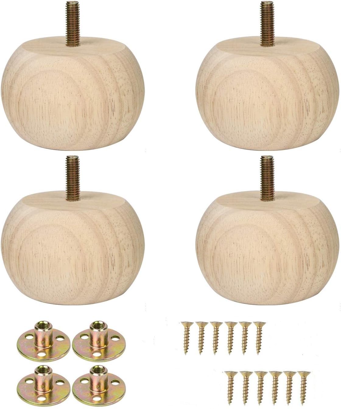 Mysummer Set of 4 Walnut Solid Hardwood Round Bun Feet 2inches with M8 Bolt Predrilled for Furniture Ottoman Couch Cabinet Sofa Legs (unpainted)