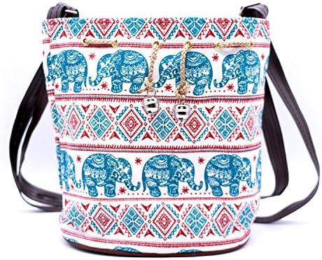 TRNS Thailand Elephant Print Drawstring Shoulder Handbag (Blue)