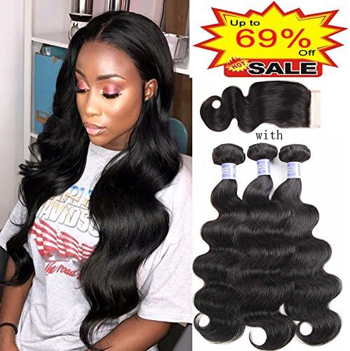 Sayas Hair 10A Grade Brazilian Body Wave Human Hair Bundles Weave Hair Human Bundles Brazilian Virgin Hair For African Americans Women Each Bundle 100g With 40g 4x4 Free Part Closure(20 22 24+20inch)