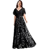 Sequin Laces Mother of Bride Dresses for V Neck A Line Evening Gowns Chiffon Long Short Sleeve Formal Dress