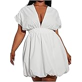 BEAUDRM Women's Plus Size Deep V Neck Mini Bubble Dress Short Sleeve Puffy Party Club Dresses