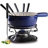 Artestia Cast Iron Fondue Pot Set for Cheese & Chocolate, Fondue Set for 6 with Burner & 6 Forks, Swiss Fondue Pot for Party, Family & Gift, Blue