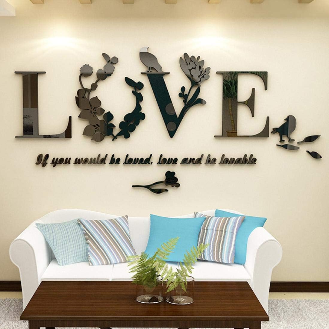 Wall Stickers Murals 3D Leaf Love Wall Sticker Art Vinyl Decals Bedroom Decor (70X33.8cm, Black)