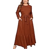 ZOMVA Plus Size Maxi Dress A Line Crew Neck Long Sleeve Elegant Casual Flowy Tiered Dresses with Pockets and Belt