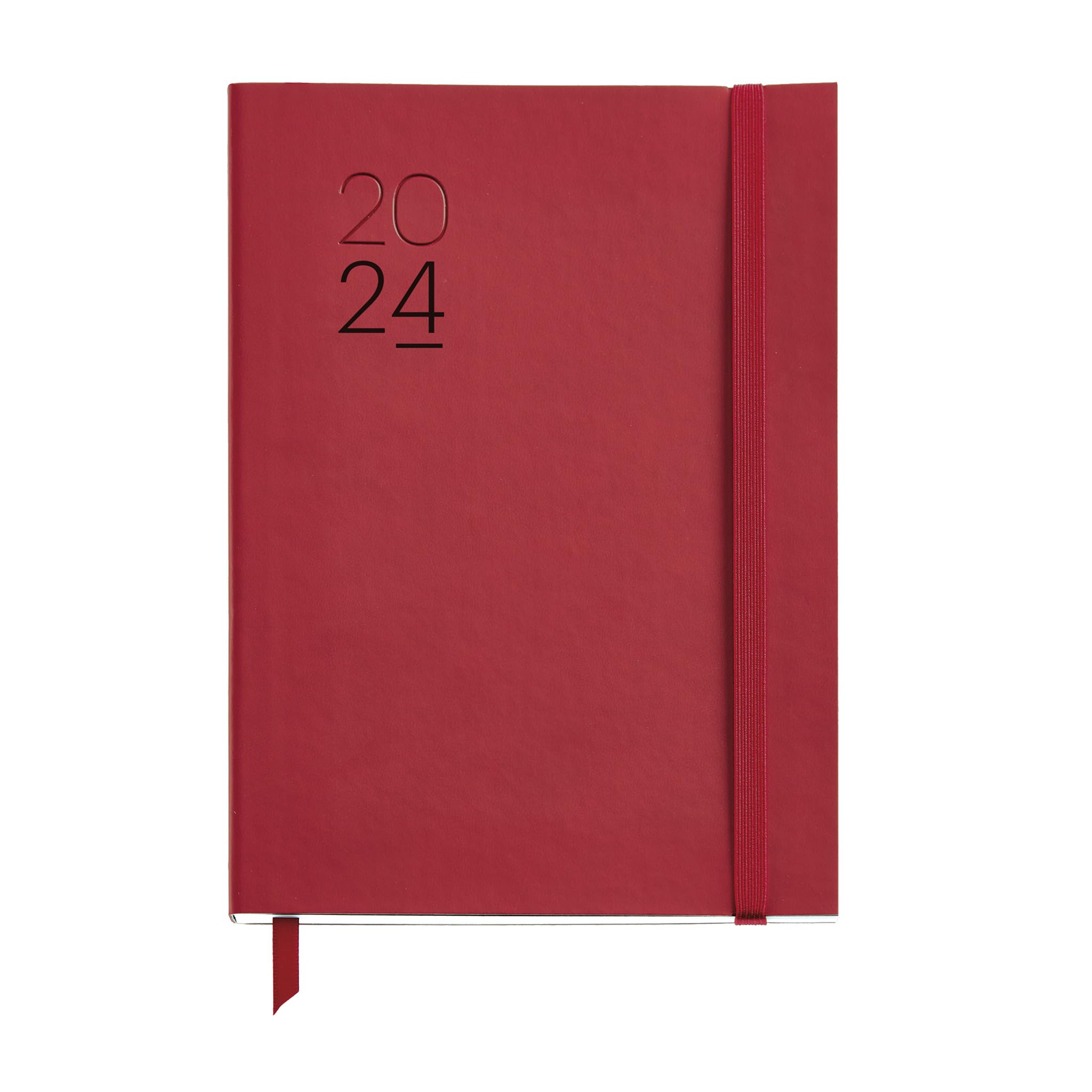 Miquelrius - Annual Planner 2024, Vertical Week to View, Plus Size 155 x 213 mm (similar A5), Flexible Stitched Leather Cover, Catalan, English and Portuguese, Red