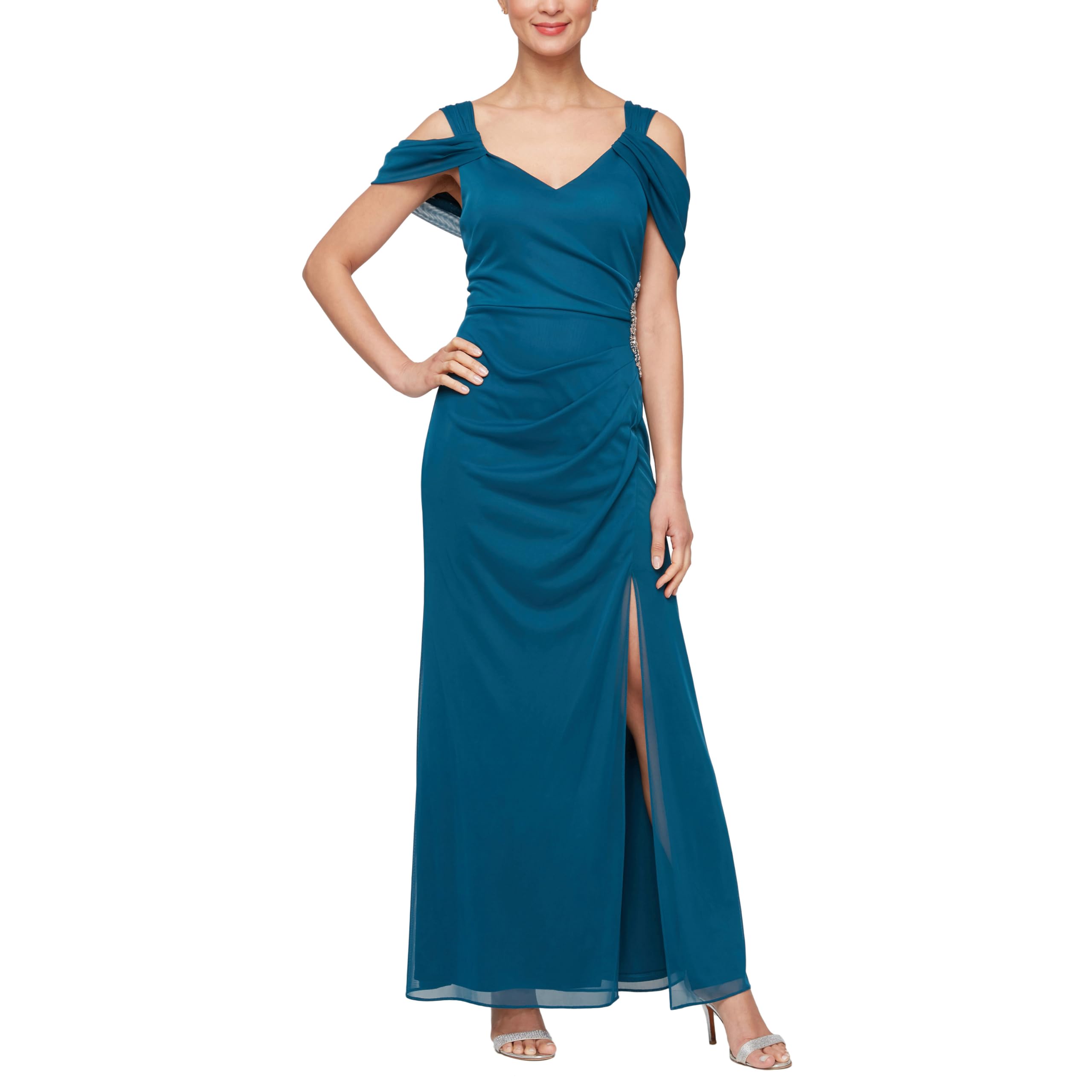Alex Evenings Women’s Long Cold Shoulder Mother of The Bride Dress with Beaded Detail at Hip, (Petite and Regular Sizes), Peacock V Neck, 10