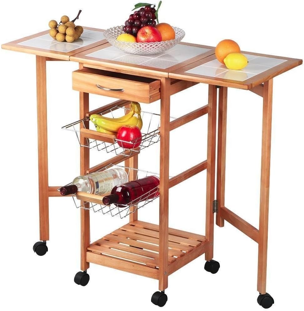 Moon Daughter Rolling Portable Kitchen Island Storage Drawers Baskets Trolley Cart Stand Brown