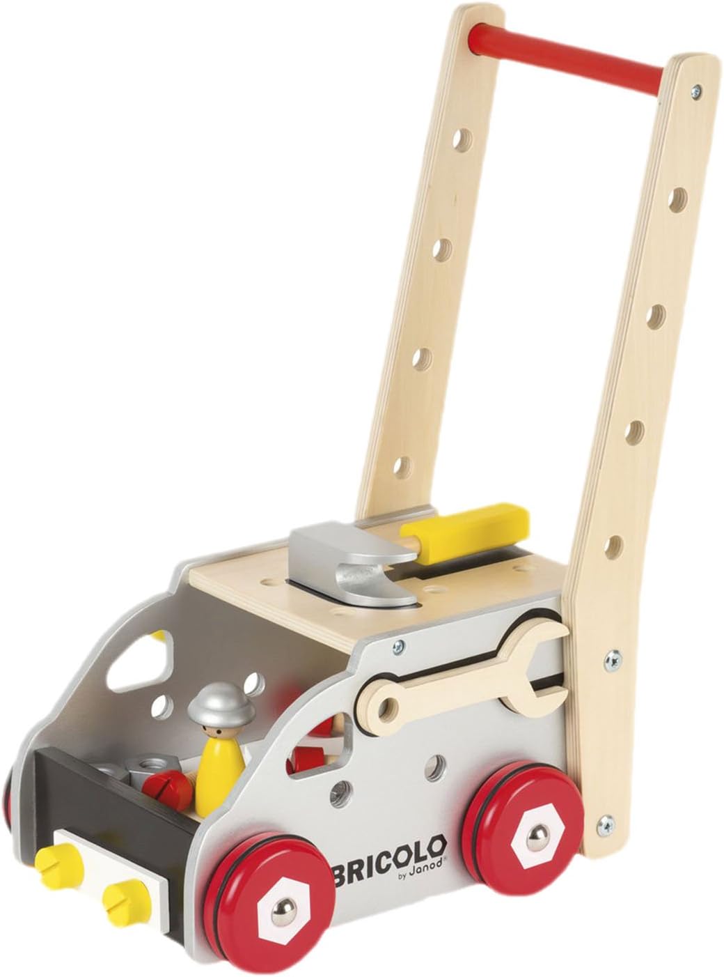 Janod Wooden Toy Workbench Range Redmaster Trolley Tool Box Set, Multi-Colour