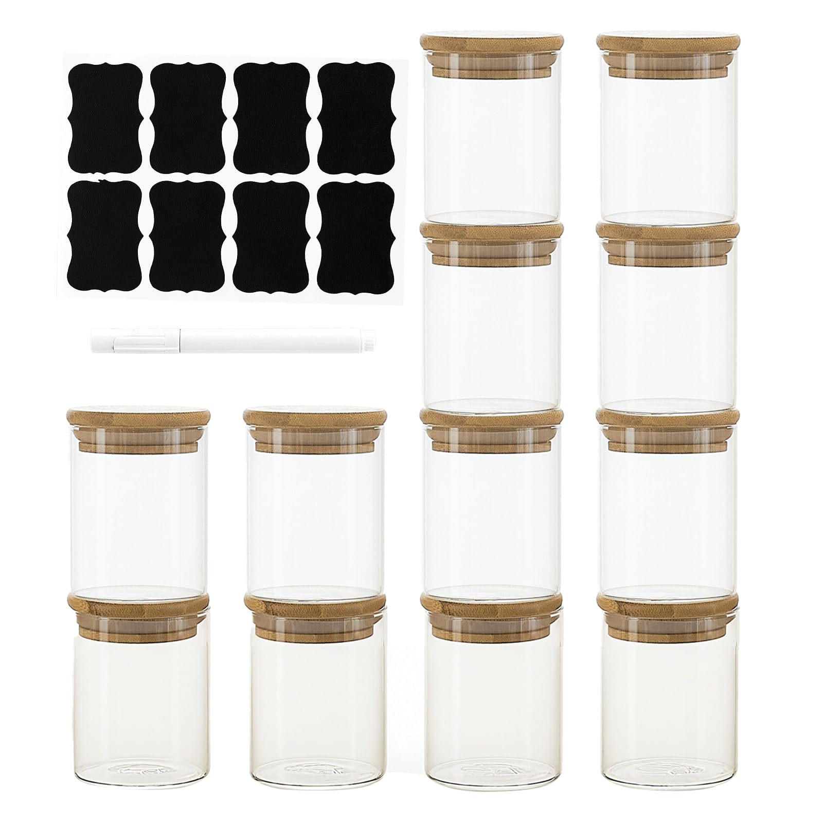 Photo 1 of 12 Packs Round Spice Jars with Label, 8oz Stackable Airtight Food Storage Containers, Practical Small Glass Jars to Go for Cookie, Coffee, Yogurt, Overnight Oats, Sugar, qtip, cotton balls and Candle