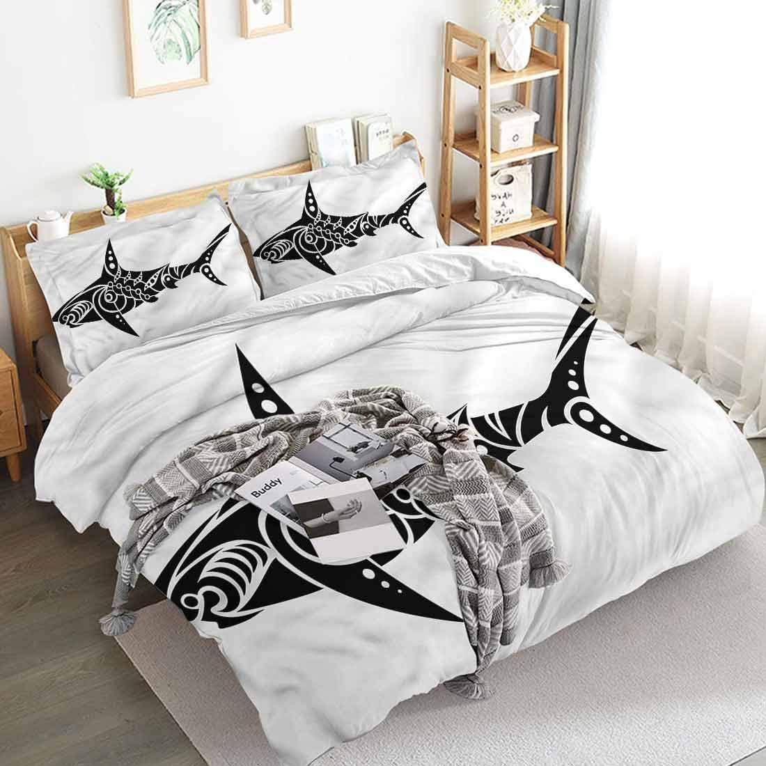 Mozenou Duvet Cover Tribal Shark Tattoo Design Artwork Three-Piece Quilt Cover,Quilt Cover Set with Zipper Closure, Super Soft Anti Allergy Quilt Cover 68x86 inch