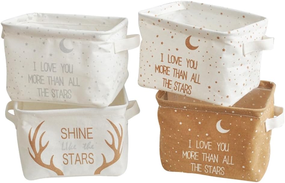 Zigzag Park Storage Bin Basket Box Organizer with Handles Collapsible Canvas for Nursery Baby Toys Makeup Jewelry Socks Office (Stars Moon Antler 4 pack)
