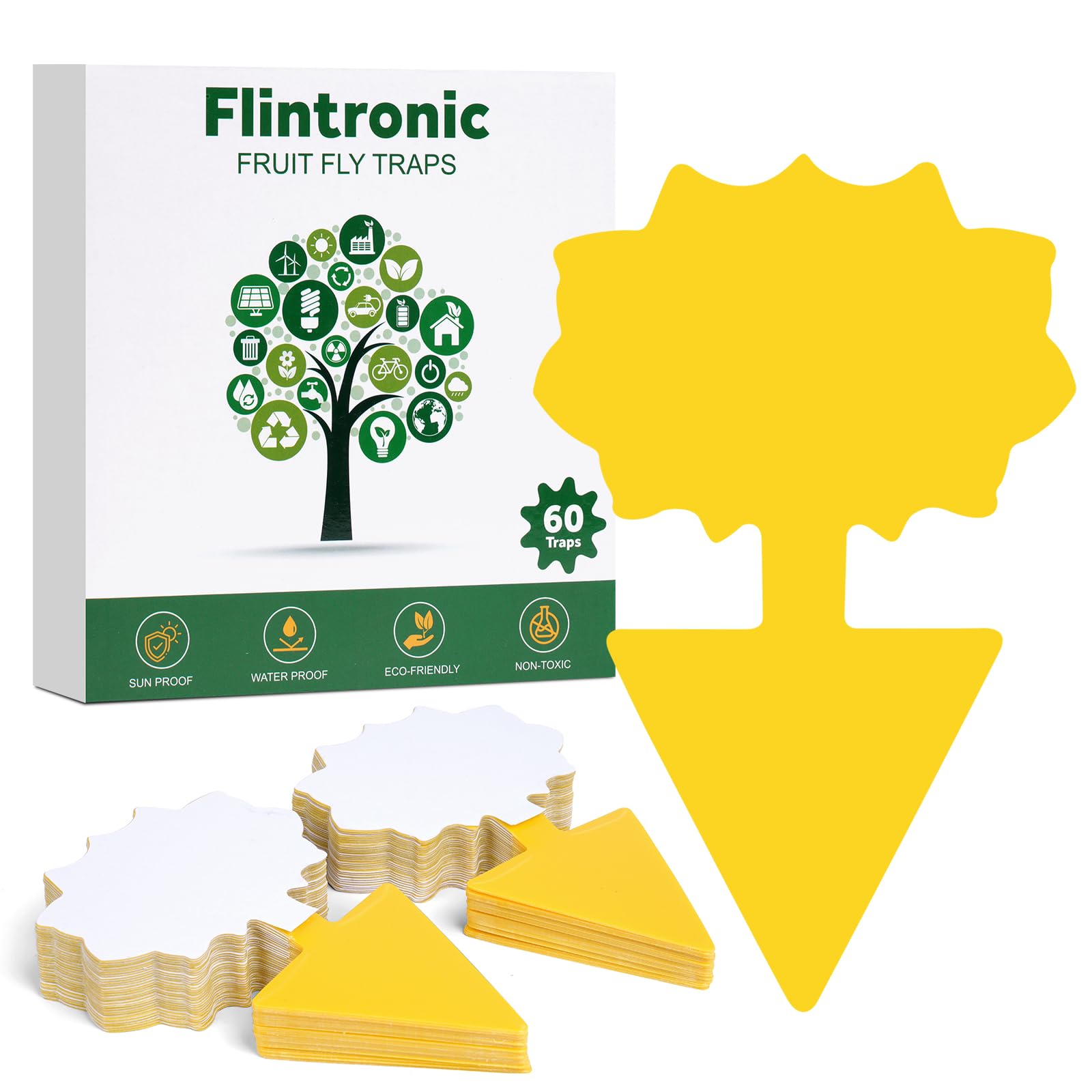 Flintronic Fruit Fly Traps, 60 Pack Yellow Double-sided Fungus Gnat Sticky Catcher, Double-Sided Fly Catchers, for Protect Plants and Control Multiple Insects