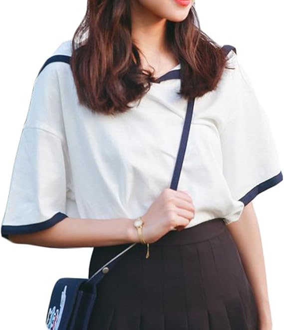 Amazon Pradrd レディース Tシャツ 半袖 ゆったり セーラー風 かわいい トップス 夏服 カットソー 白 ネイビー 白 Tシャツ カットソー 通販