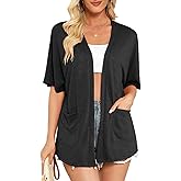 Veryoung Short Sleeve Cardigans for Women Lightweight Summer Cardigan Casual Fit Beach Cover Up with Pockets (Slightly Sheer)