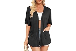 Veryoung Womens Short Sleeve Kimono Cardigans Lightweight Summer Cardigan Casual Loose Beach Cover Up Curved Hem with Pockets