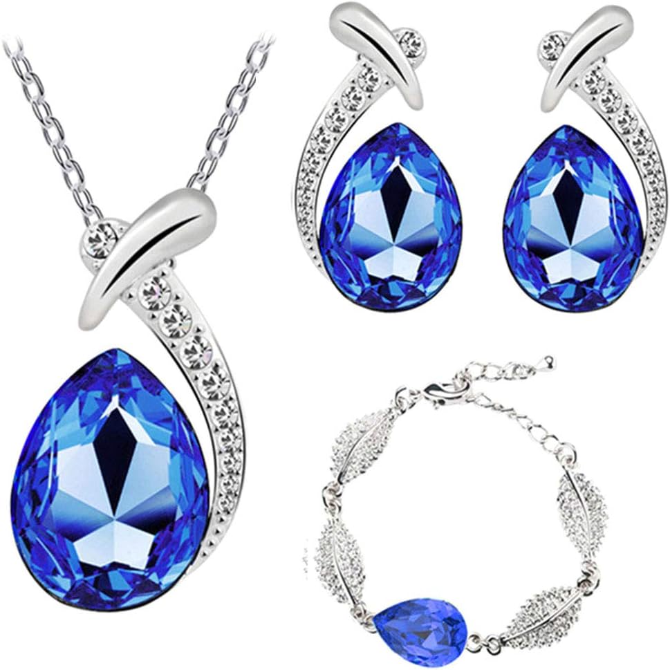 wpOP59NE Lady Rhinestone Inlaid Water Drop Pendant Necklace Bracelet Earrings