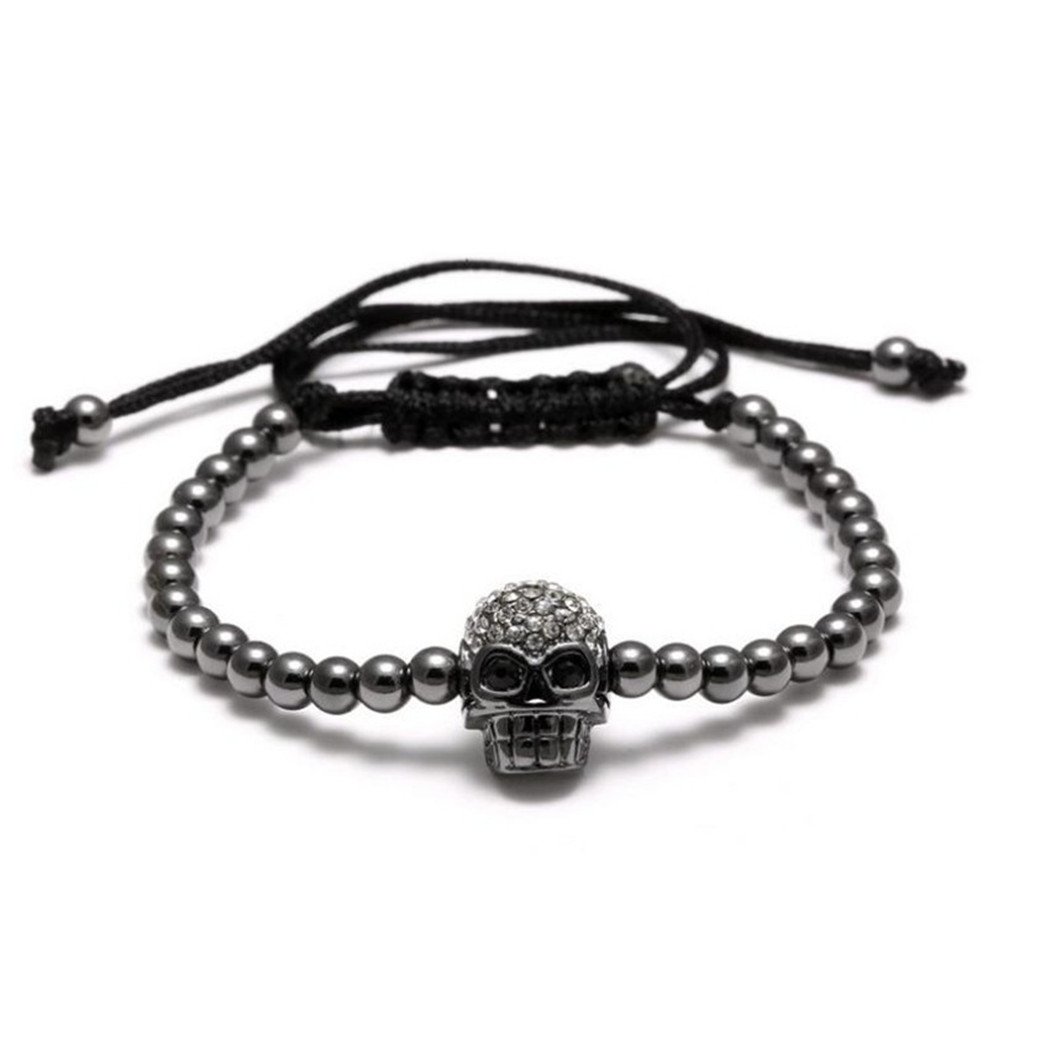 Uloveido Jet Black Plated Brass Cubic Zirconia Pave Skull Ball Bracelets for Women Black Rope Adjustable Handmade Knot Bracelet for Men YB003-Black