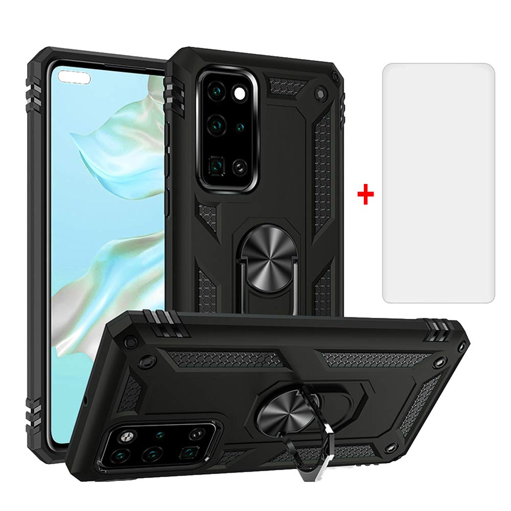 Phone Case for Huawei P40 with Tempered Glass Screen Protector Cover Stand Ring Rugged Silicone Holder Hard Shockproof Heavy Duty Accessories Magnetic Metal huawei Hawaii Hwauei Haweii P 40 Men Black