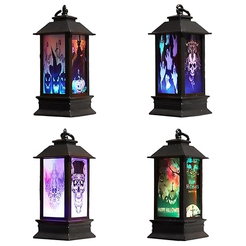 4 Pcs Halloween LED Candle Lantern, Halloween Retro LED Oil Lamp Decorative Plastic Halloween Vintage Hanging Candle Lights Hollowout Witch Pumpkin Ghost Hand Castle Hanging Wind Lamp (A)