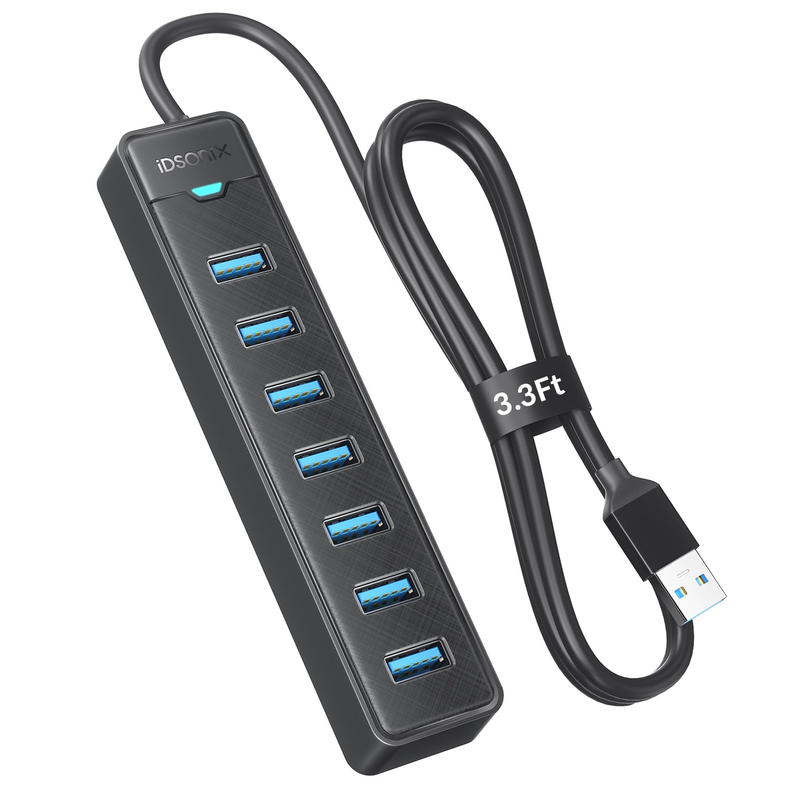 iDsonix 7 Port USB 3.0 Hub with 3.3Ft Extended Long Cable, USB Extension Cable Hub 5Gbps Data, 5V 3A Type-C Port, USB Splitter Multiport Adapter for Desktop, Laptop, PC, Mouse, Keyboard, Flash Drive