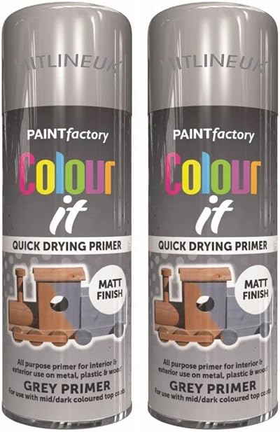 HitlineUK 2x400ml Grey Primer Spray Paint - Multi-Purpose Matt Wood Metal