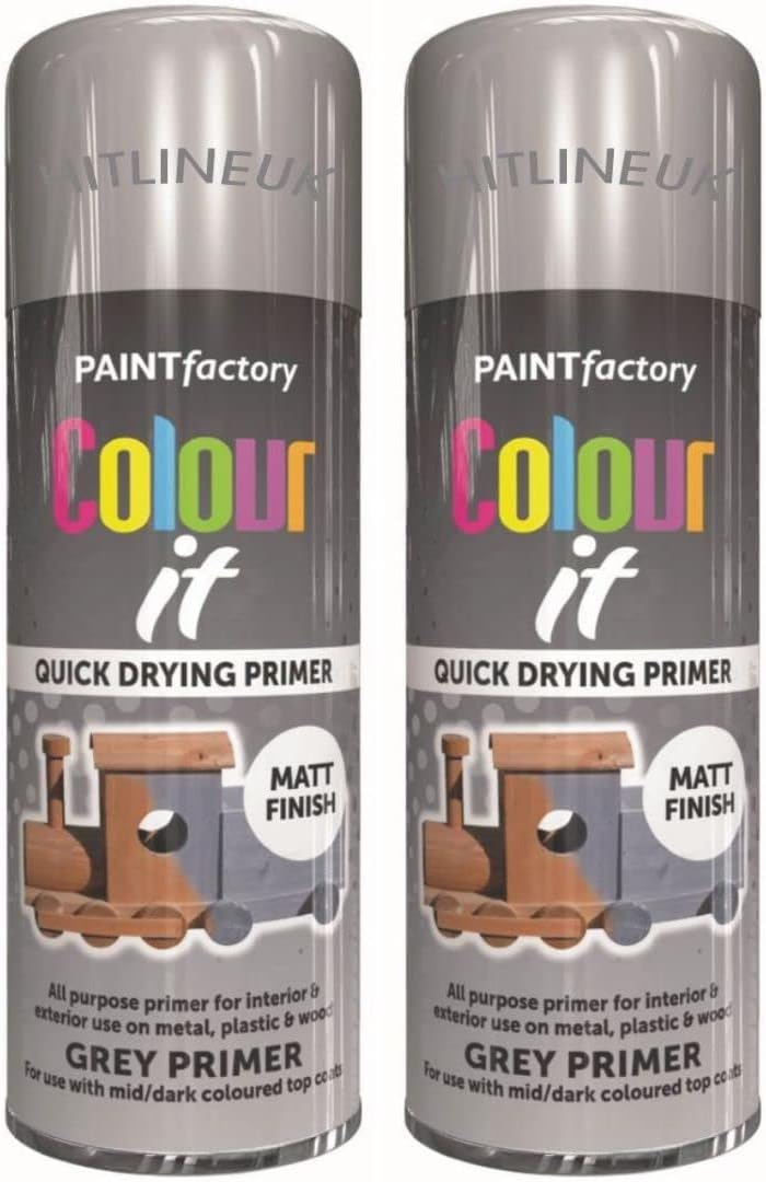 HitlineUK 2x400ml Grey Primer Spray Paint - Multi-Purpose Matt Wood Metal