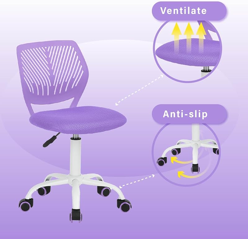 Silla de Escritorio para niños, Silla giratoria de Altura Ajustable con diseño de Respaldo de Agujero pequeño, Adecuada para Dormitorio de niños o Sala de Estudio, Color Morado — foto 4 de 8