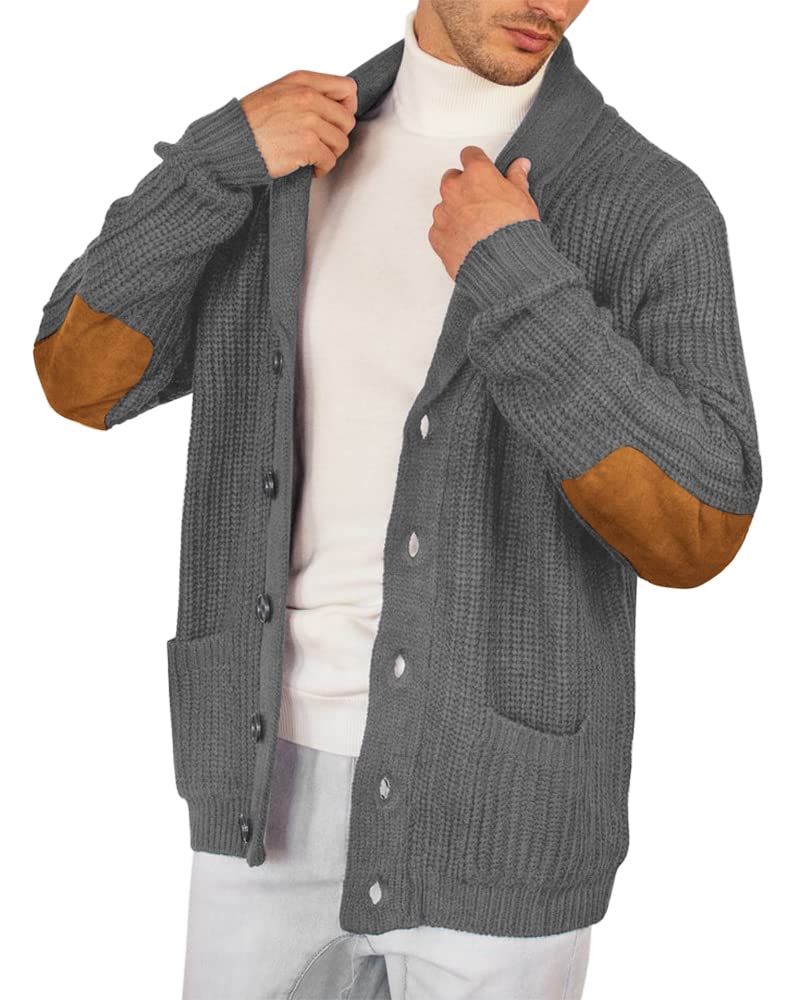 Photo 1 of XL-Esobo Men's Shawl Collar Cardigan Sweater Multi-Color Button Down Knitted Sweaters with Pockets Grey