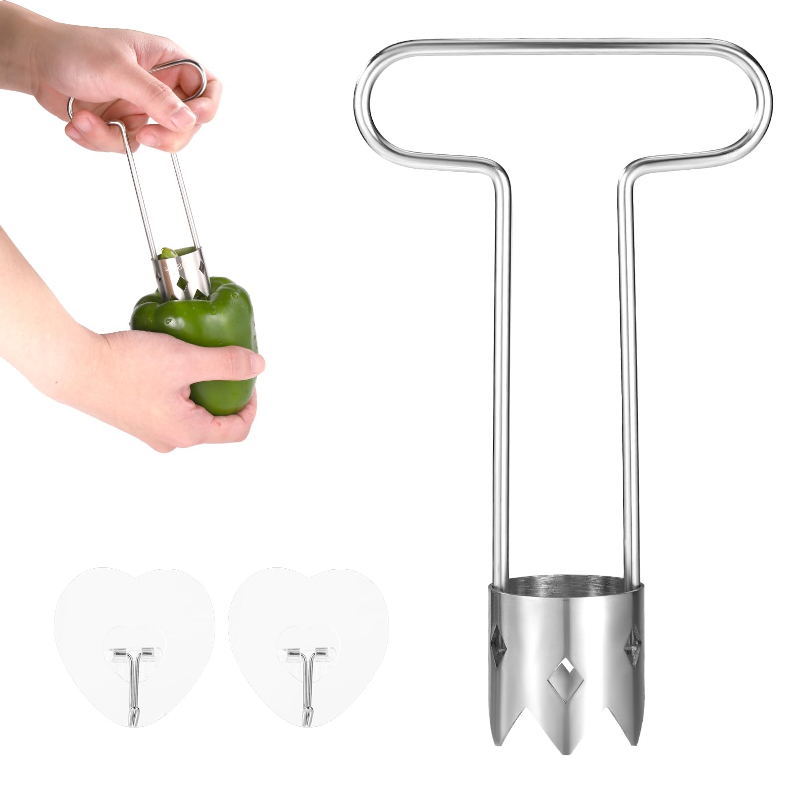 Photo 1 of Red Bell Pepper Seed Corer, 6.3x3.74in Stainless Steel Multifunctional Fruit and Vegetable Core Remover with 2pcs Heart-Shaped Hooks Kitchen Gadget for Fruit and Vegetable Deseeding