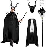 CFGPMM 5 PCS Witch Costume for Women, Adult Evil Queen Halloween Cosplay Gothic Witch with Horns Feather Shawl Wand Sticker
