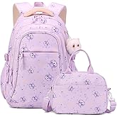 Purple Cat Kids Backpack Set for Girls with Lunch Bag Kitty Bookbag for Kindergarten Elementary School Pre School Bag