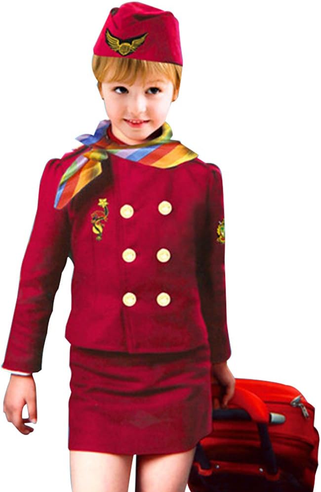 Gloryhonor Kids Girls Airline Stewardess Uniform Kidswear Halloween Party Cosplay Costume