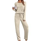 Leafsay Womens Pajama Set 2 Piece Long Sleeve Ribbed Lounge Sleepwear Matching Set Pjs Outfit with Pockets