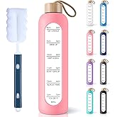 PROBTTL 32 Oz Borosilicate Glass Water Bottle with Time Marker Reminder Quotes, 1 Liter Leak Proof Reusable BPA Free Motivational Water Bottles with Silicone Sleeve and Bamboo Lid (Pink)