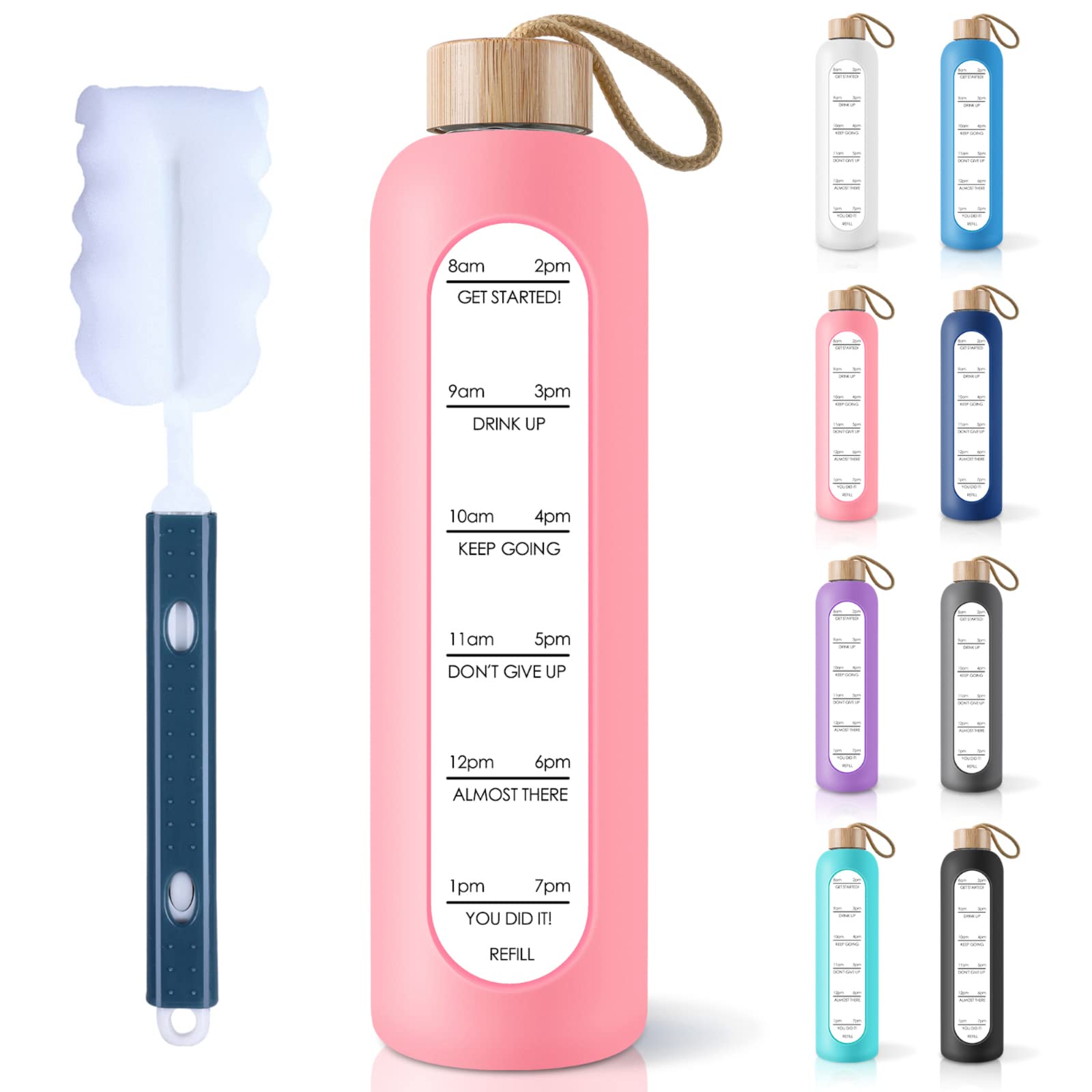 Photo 1 of PROBTTL 32 Oz Borosilicate Glass Water Bottle with Time Marker Reminder Quotes, 1 Liter Leak Proof Reusable BPA Free Motivational Water Bottles with Silicone Sleeve and Bamboo Lid (Pink)