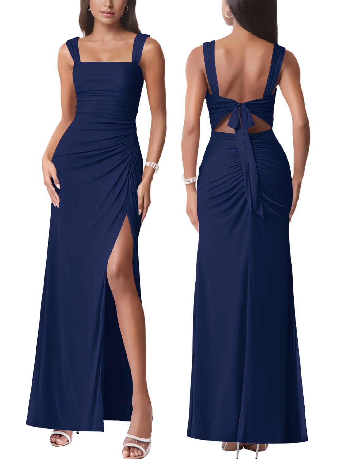Photo 1 of Women Sexy Tie Low Back Sleeveless Split Maxi Dress Party Cocktail Long Dresses for Wedding Guest, Navy Blue Medium