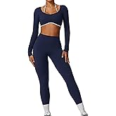 Workout Sets for Women 2 Piece Outfits Seamless High Waist Leggings Yoga Long Sleeve Crop Tops Athletic Gym Sets