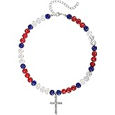 Mikovivi Beaded Baseball Necklace, 16in Baseball Rhinestone Necklace with Cross Pendant Adjustable Bead Chain Necklaces Baseball Accessories Drip Necklace for Baseball Lovers(White Blue)