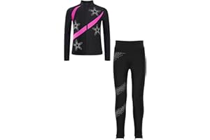Linjinx Kids Girls Figure Ice Skating Outfit Long Sleeve Tops with Leggings Pants Practice Yoga Training Tights Set
