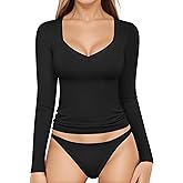 MANGOPOP Women's T Shirt Sweetheart V Neck Long Sleeve Short Sleeve Basic Tight Tops Tee