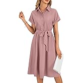 LYANER Women's Collar V Neck Button Front Tie Waist Short Sleeve Ruffle Hem Flowy Midi Dresses Pink# Small