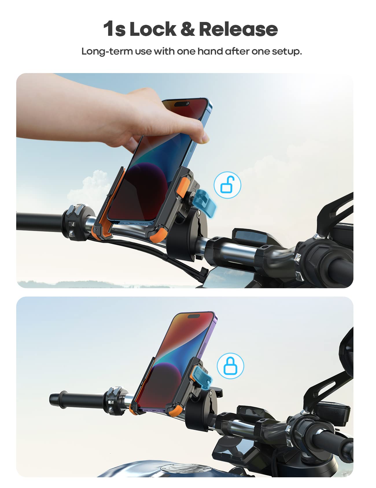 Lamicall Motorcycle Phone Mount Holder - [Camera Friendly] [1s Lock] Bike Phone Holder Handlebar Clamp, Bicycle Scooter Phone Clip, for iPhone Air, 17, 16, 15 Pro Max, Galaxy, 4.7-7