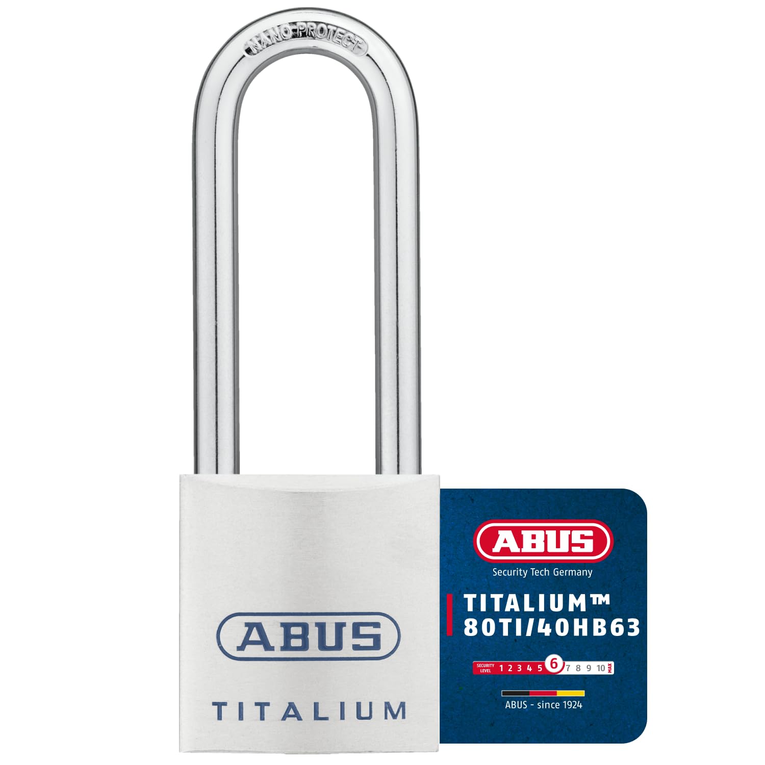 ABUS Titalium Padlock 80TI/40HB63 - with high Shackle - Basement Lock with Lightweight, Solid Lock Body Made of Special Aluminium - ABUS Security Level 6 - Silver