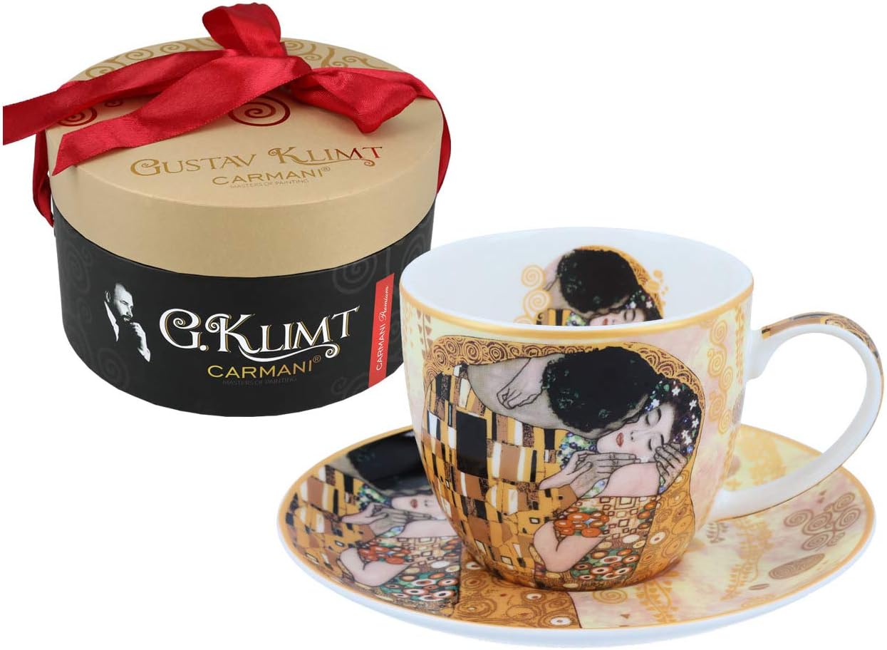 CARMANI - Porcelain Cup with Saucer Decorated with 'The Kiss' by Gustav Klimt - 280ml