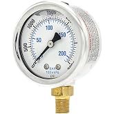 Liquid Filled Lower Mount Pressure Gauge with 2" Dial, 0-3000 PSI, 1/8" Male NPT Connection, Stainless Steel CASE and Bezel (1)