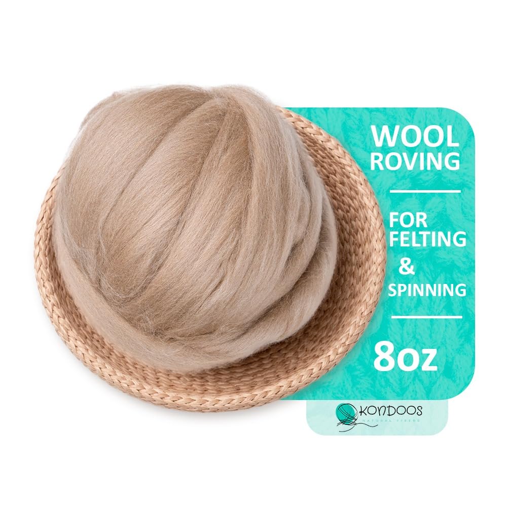 Kondoos Coloured 225 gram Natural Wool roving Tops, Best Wool for Needle Felting, Wet Felting, handcrafts, Spinning and Stuffing Fleece. (Beige)